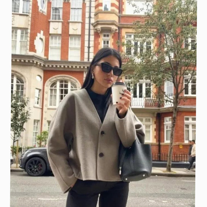 Women's V-Neck Two-Button Relaxed Wool-Look Jacket