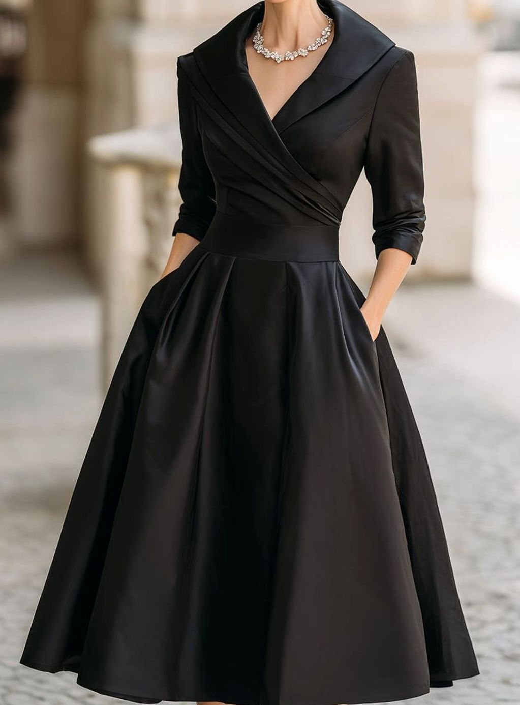 Women's V-Neck Wrap Bodice Full-Skirt Formal Evening Dress - Black