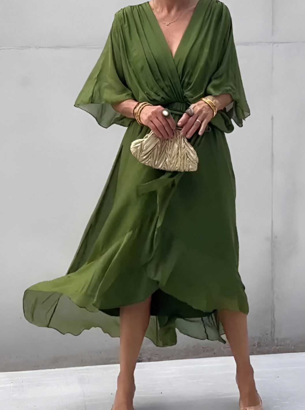 Women's V-Neck Wrap Midi Dress Flowy Batwing Sleeve