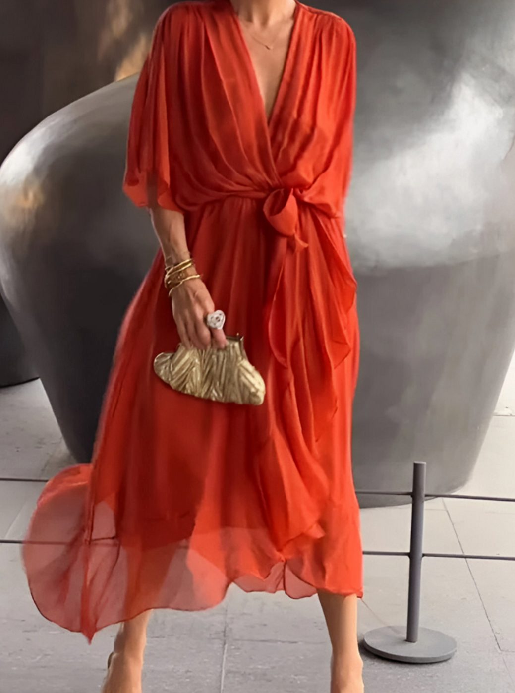 Women's V-Neck Wrap Midi Dress Flowy Batwing Sleeve - Orange