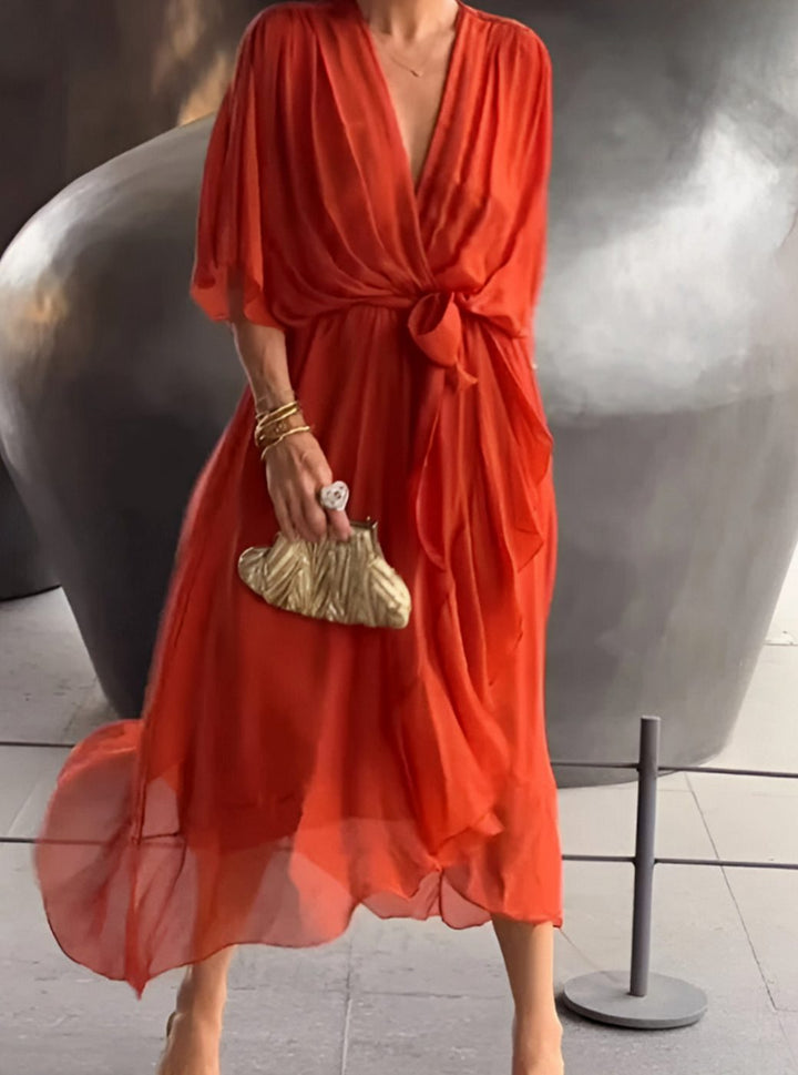 Women's V-Neck Wrap Midi Dress Flowy Batwing Sleeve - Orange