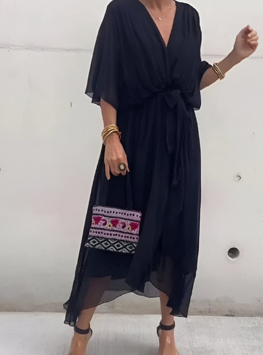 Women's V-Neck Wrap Midi Dress Flowy Batwing Sleeve - Black