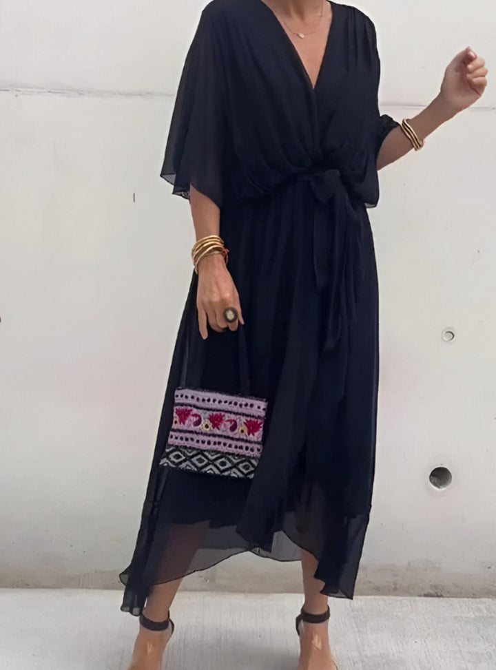 Women's V-Neck Wrap Midi Dress Flowy Batwing Sleeve - Black