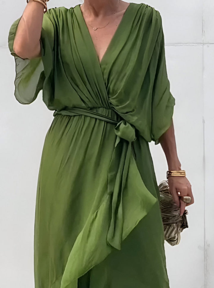 Women's V-Neck Wrap Midi Dress Flowy Batwing Sleeve - Green