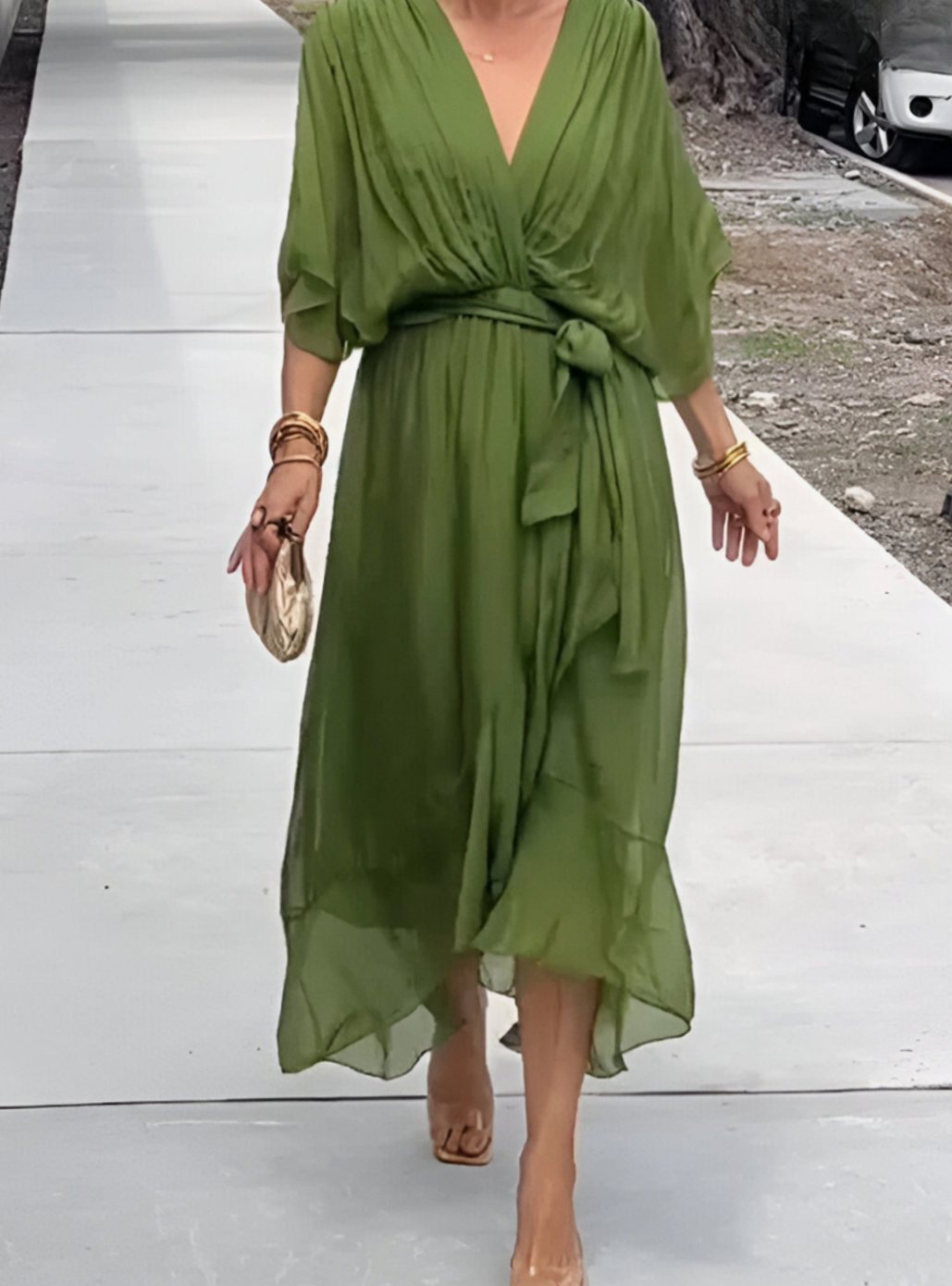 Women's V-Neck Wrap Midi Dress Flowy Batwing Sleeve