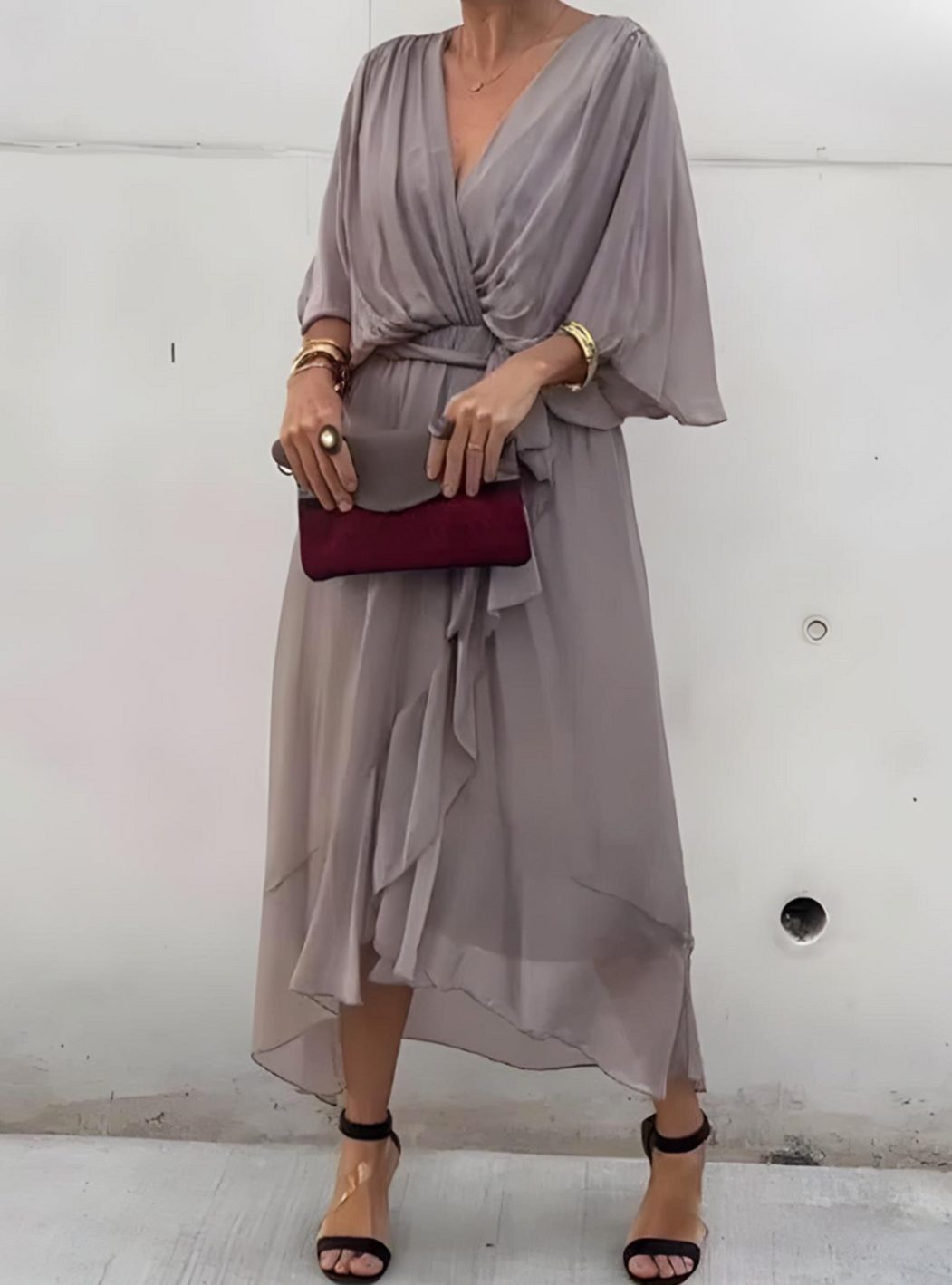 Women's V-Neck Wrap Midi Dress Flowy Batwing Sleeve - Grey