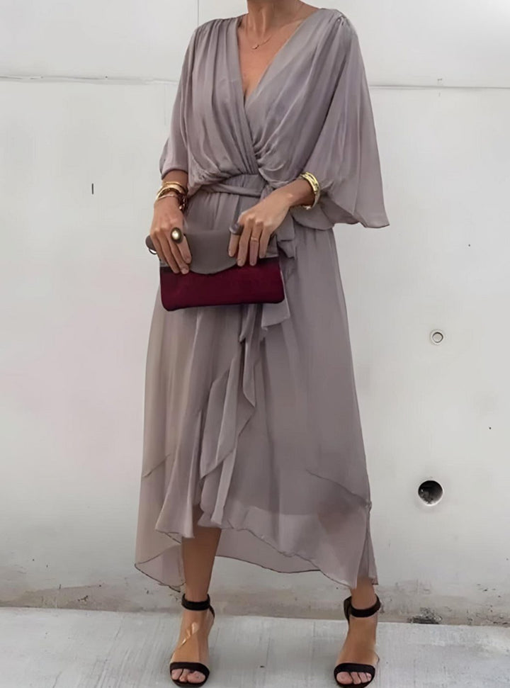 Women's V-Neck Wrap Midi Dress Flowy Batwing Sleeve - Grey