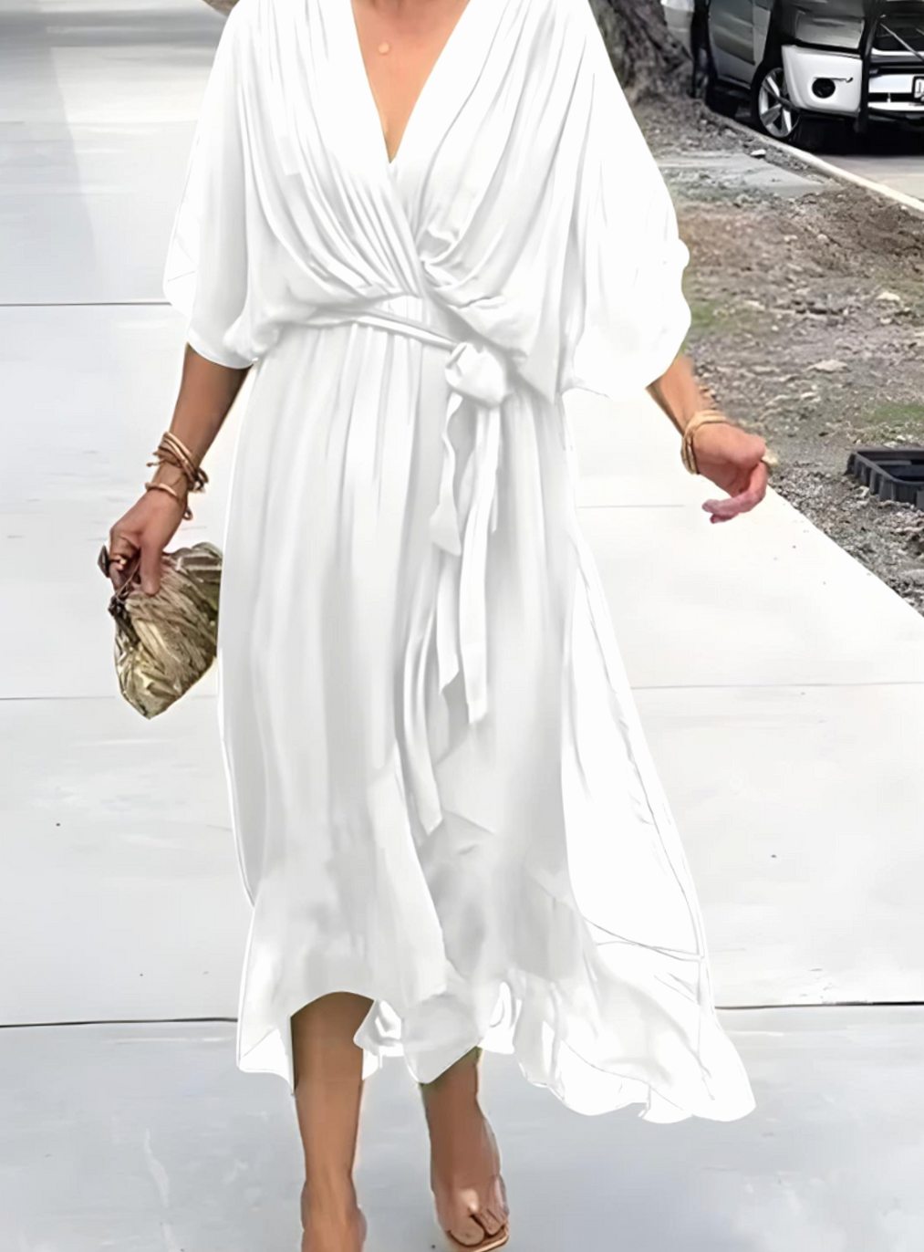 Women's V-Neck Wrap Midi Dress Flowy Batwing Sleeve - White