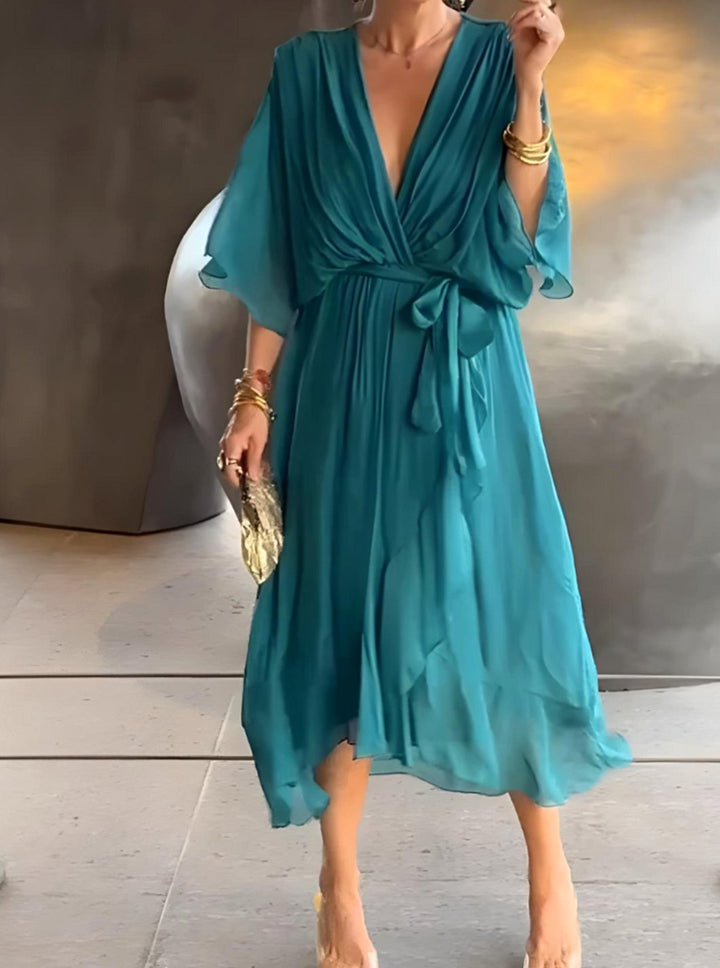 Women's V-Neck Wrap Midi Dress Flowy Batwing Sleeve - Light Blue