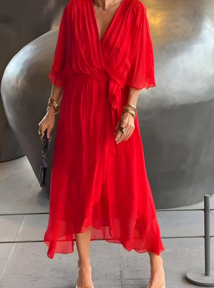 Women's V-Neck Wrap Midi Dress Flowy Batwing Sleeve - Red