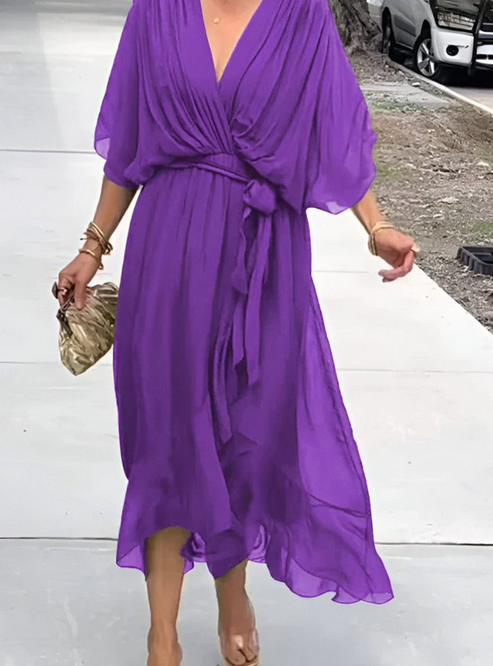 Women's V-Neck Wrap Midi Dress Flowy Batwing Sleeve - Lilac