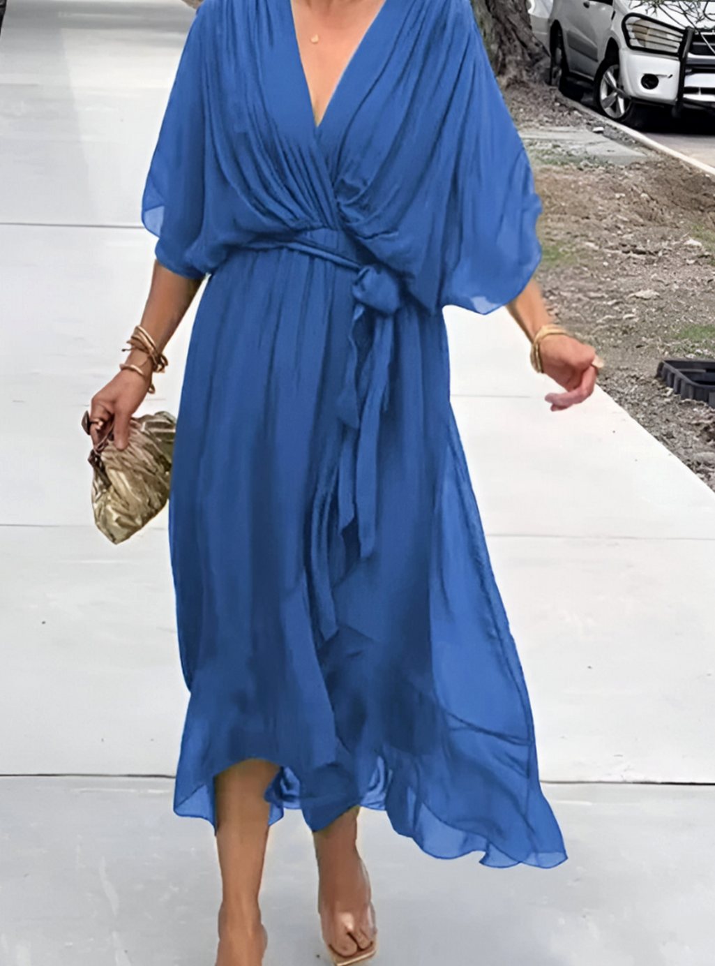 Women's V-Neck Wrap Midi Dress Flowy Batwing Sleeve - Blue