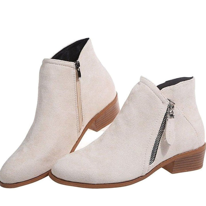 Women's Vegan Suede Block-Heel Side-Zip Ankle Boots - Cream