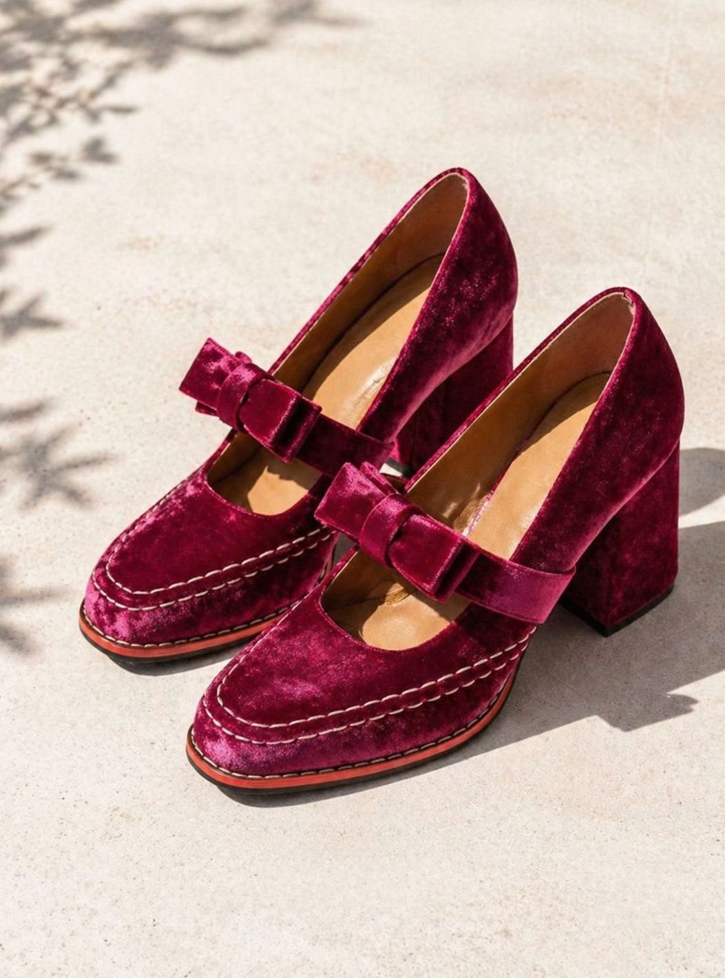 Women's Velvet Bow-Strap Block Heel Mary Jane Shoes