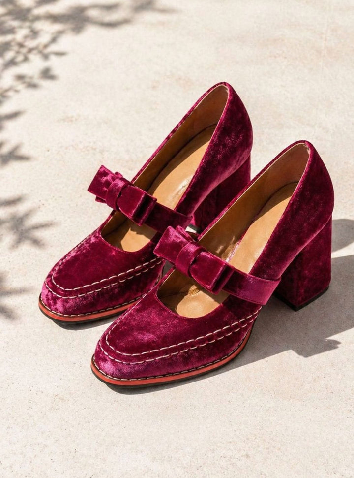 Women's Velvet Bow-Strap Block Heel Mary Jane Shoes