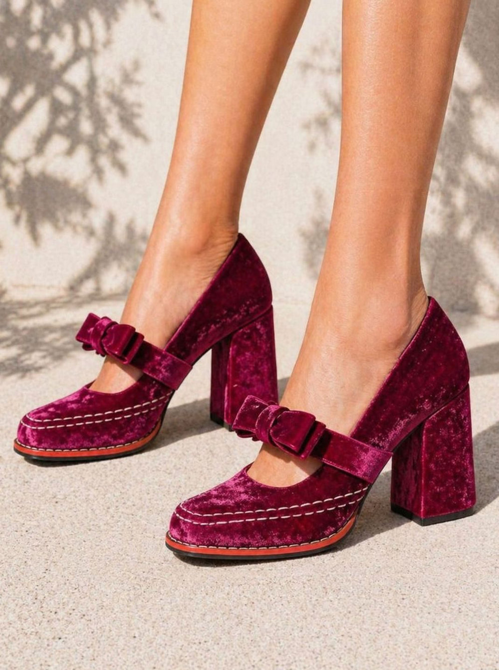 Women's Velvet Bow-Strap Block Heel Mary Jane Shoes