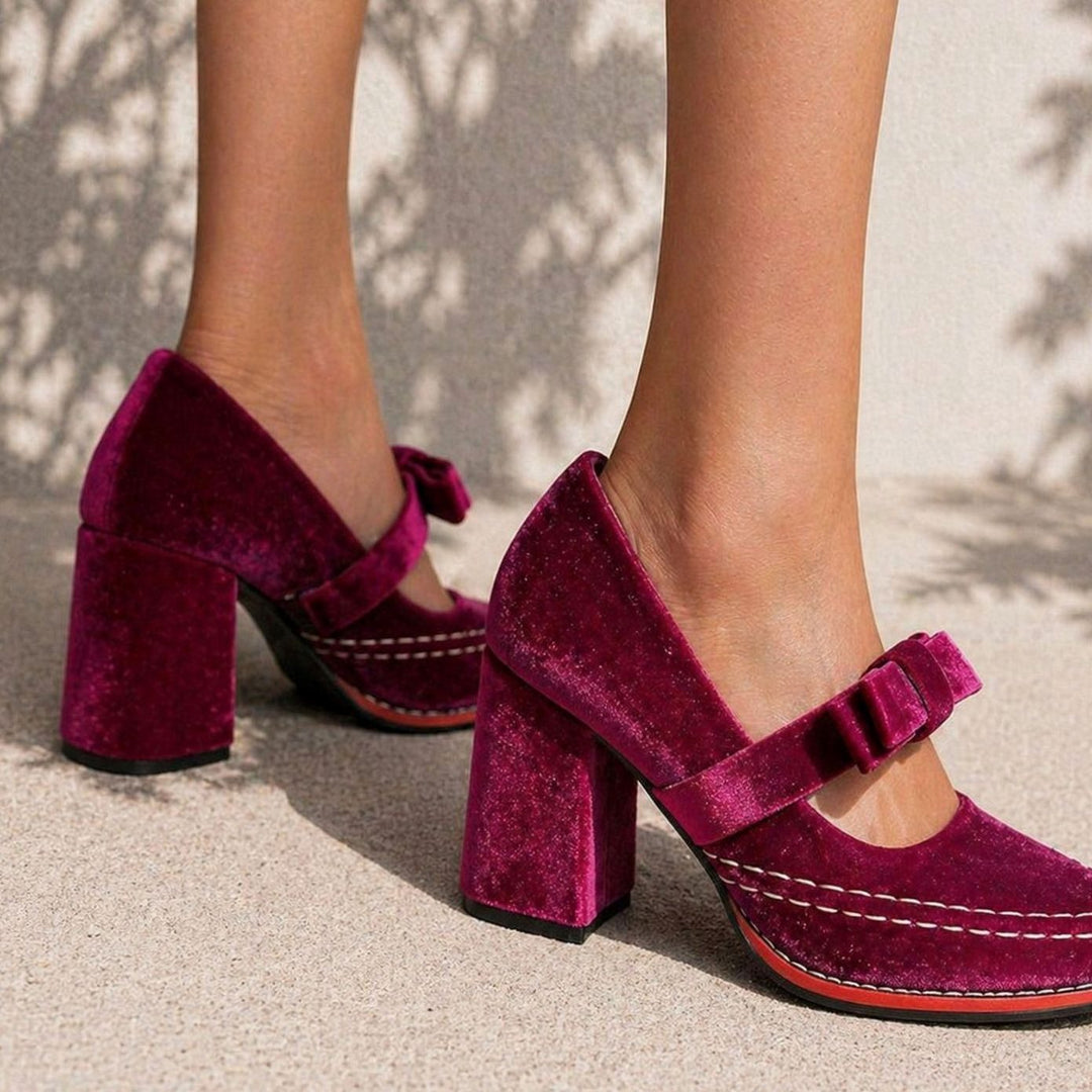 Women's Velvet Bow-Strap Block Heel Mary Jane Shoes
