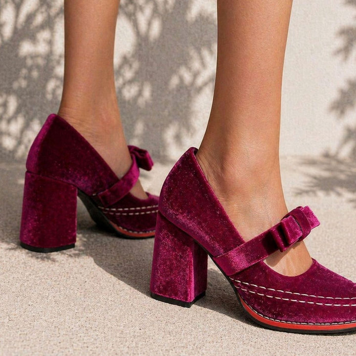 Women's Velvet Bow-Strap Block Heel Mary Jane Shoes