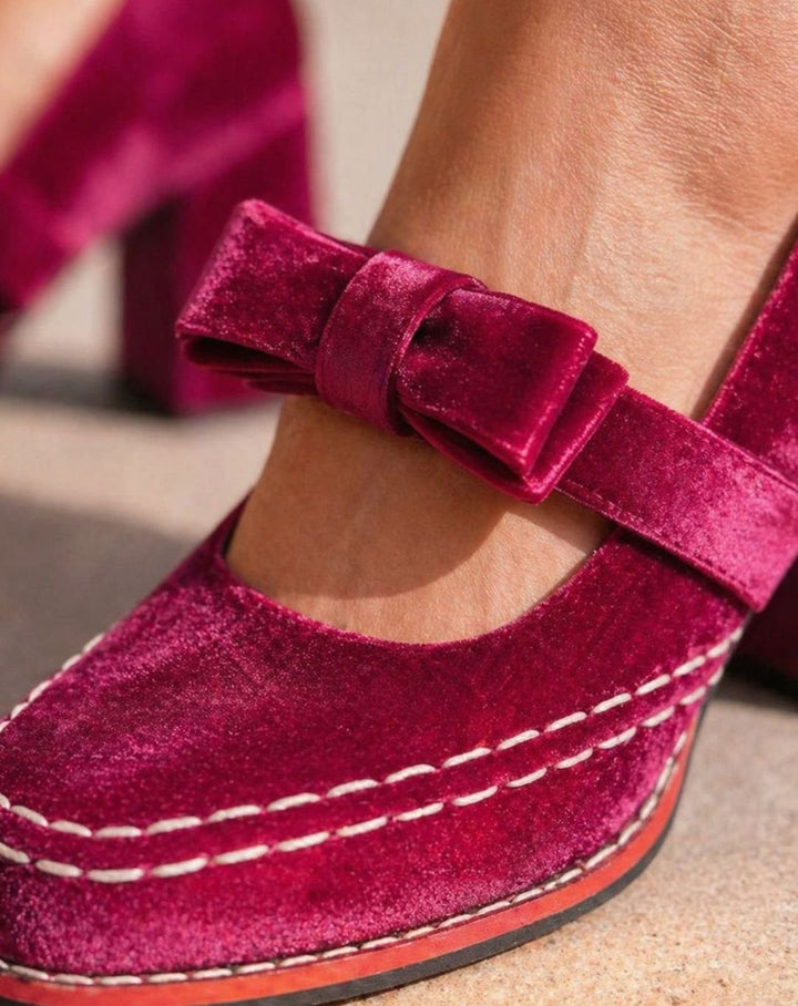 Women's Velvet Bow-Strap Block Heel Mary Jane Shoes