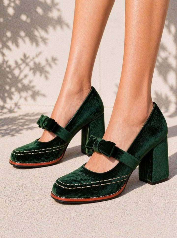 Women's Velvet Bow-Strap Block Heel Mary Jane Shoes
