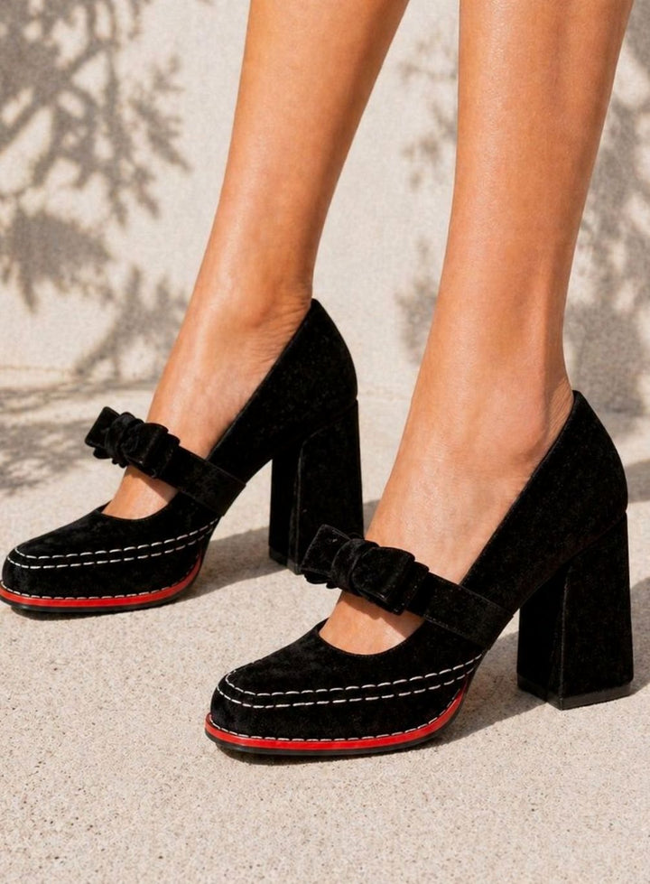 Women's Velvet Bow-Strap Block Heel Mary Jane Shoes