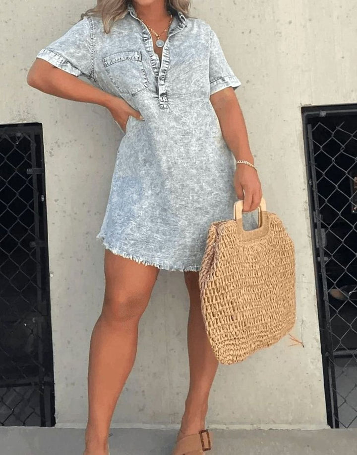 Women's Vintage Acid-Wash Collared Denim Shirt Mini Dress