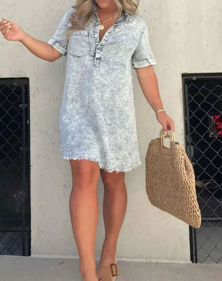Women's Vintage Acid-Wash Collared Denim Shirt Mini Dress