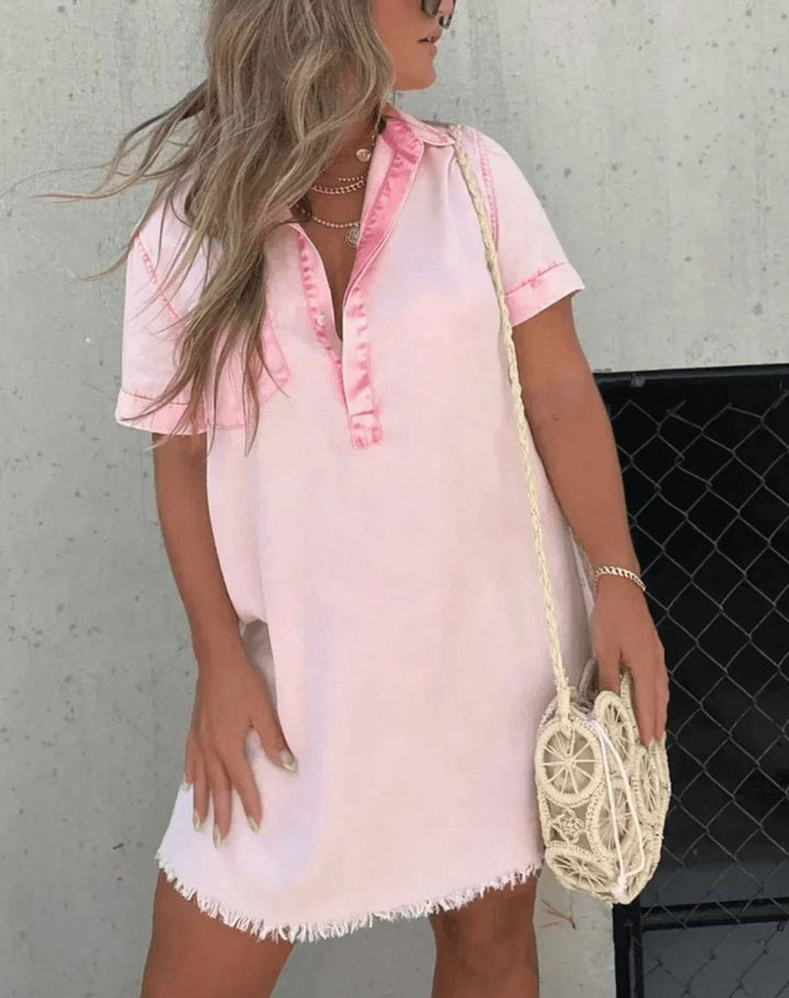 Women's Vintage Acid-Wash Collared Denim Shirt Mini Dress
