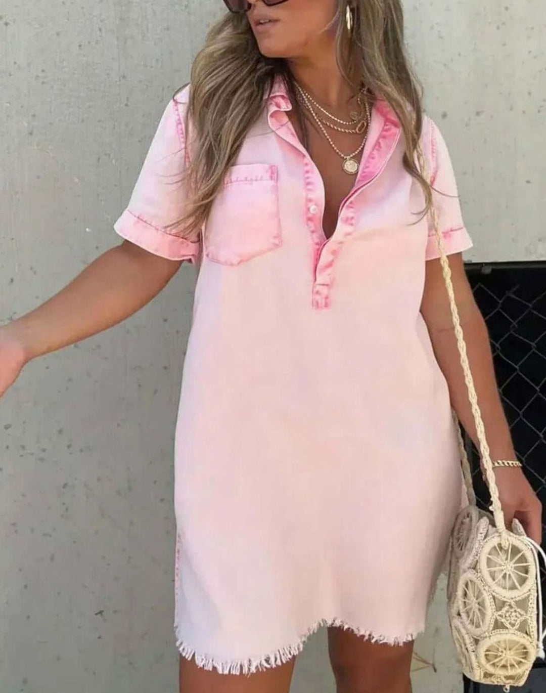 Women's Vintage Acid-Wash Collared Denim Shirt Mini Dress