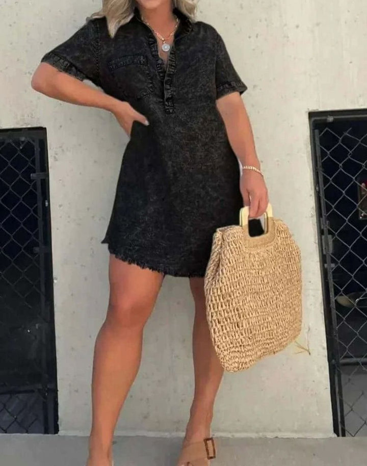 Women's Vintage Acid-Wash Collared Denim Shirt Mini Dress