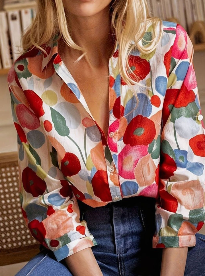 Women's Vintage Floral Long Sleeve Button-Down Relaxed Blouse