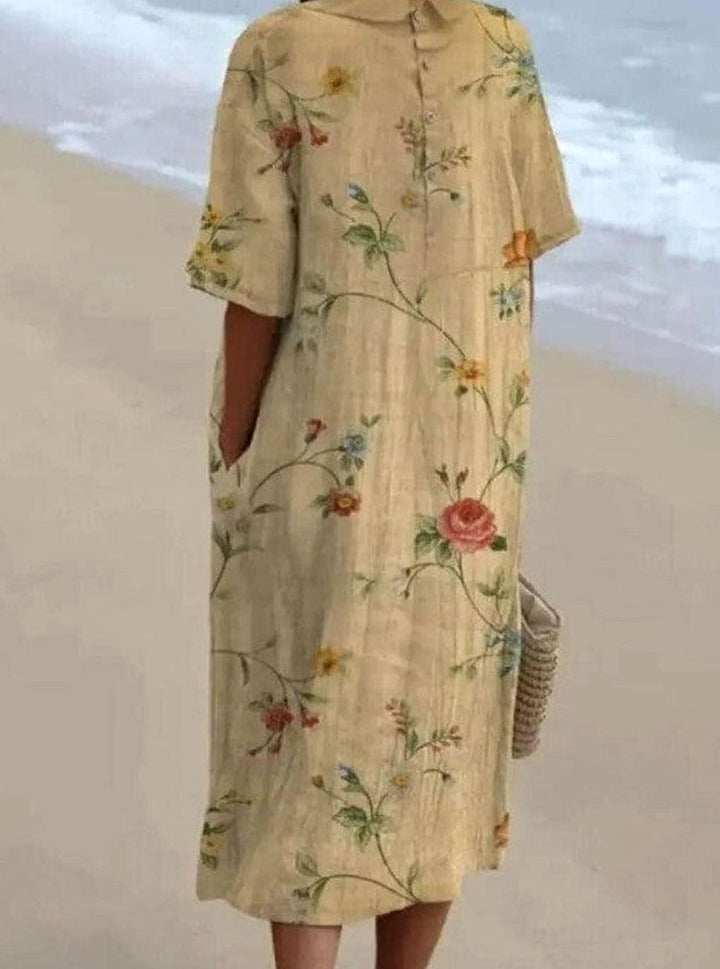 Women's Vintage Floral Relaxed-Fit Collared Midi Dress, Beige
