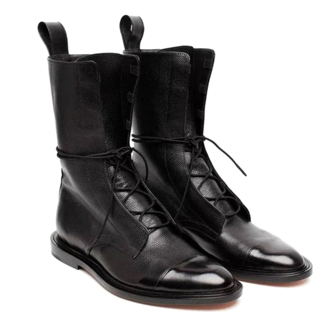 Women's Vintage Lace-Up Leather-Mix Combat Ankle Boots - Black