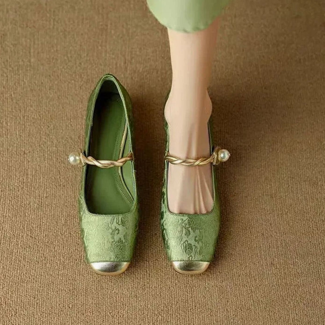 Women's Vintage Mary Jane Low Block Heel Pearl Strap Shoes - Green