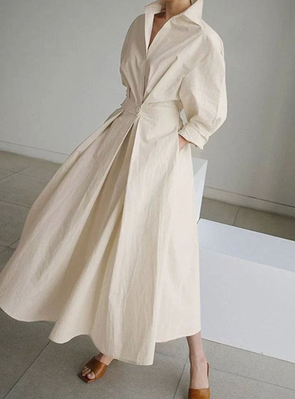 Women's Vintage Pleated Midi Shirt Dress Cinched Waist Pockets
