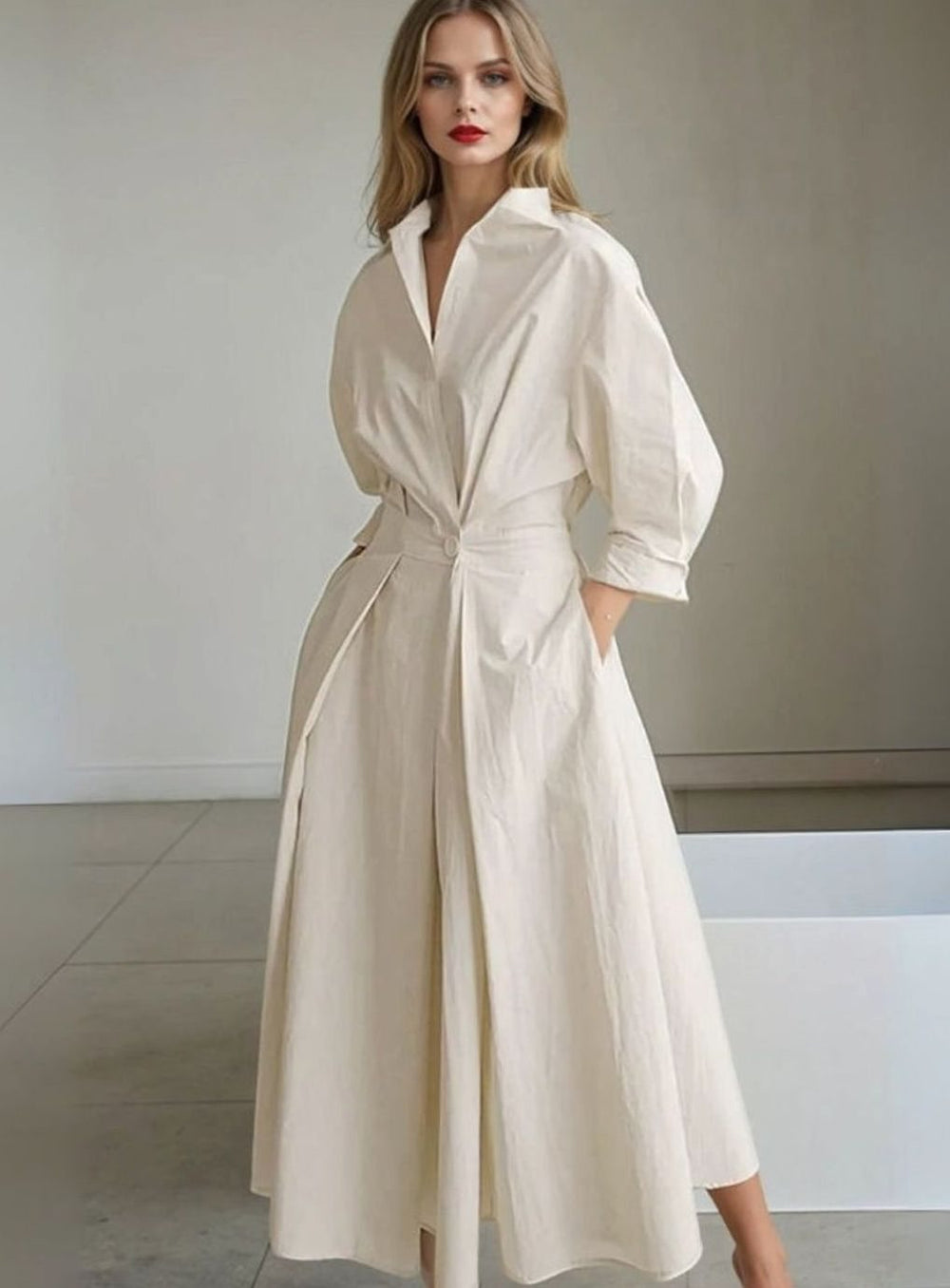Women's Vintage Pleated Midi Shirt Dress Cinched Waist Pockets