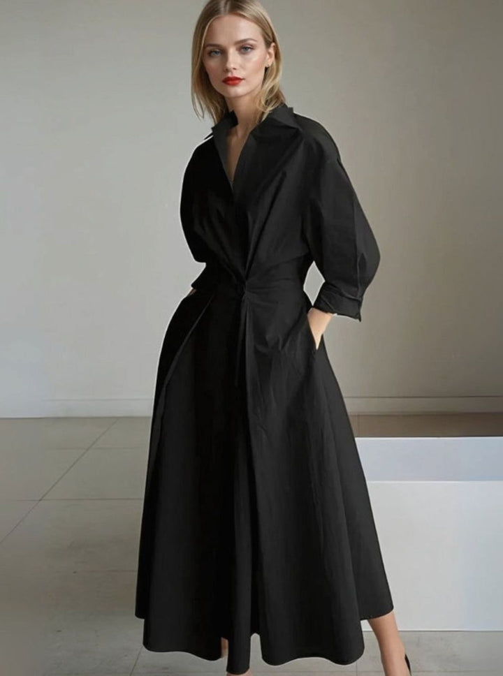 Women's Vintage Pleated Midi Shirt Dress Cinched Waist Pockets
