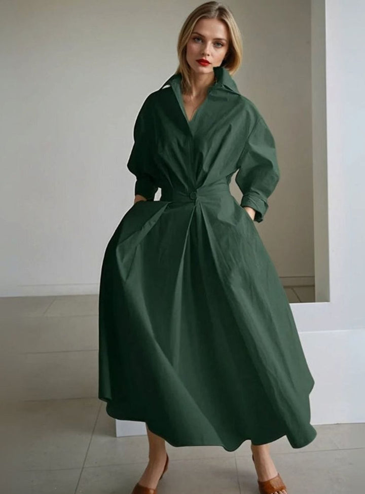 Women's Vintage Pleated Midi Shirt Dress Cinched Waist Pockets