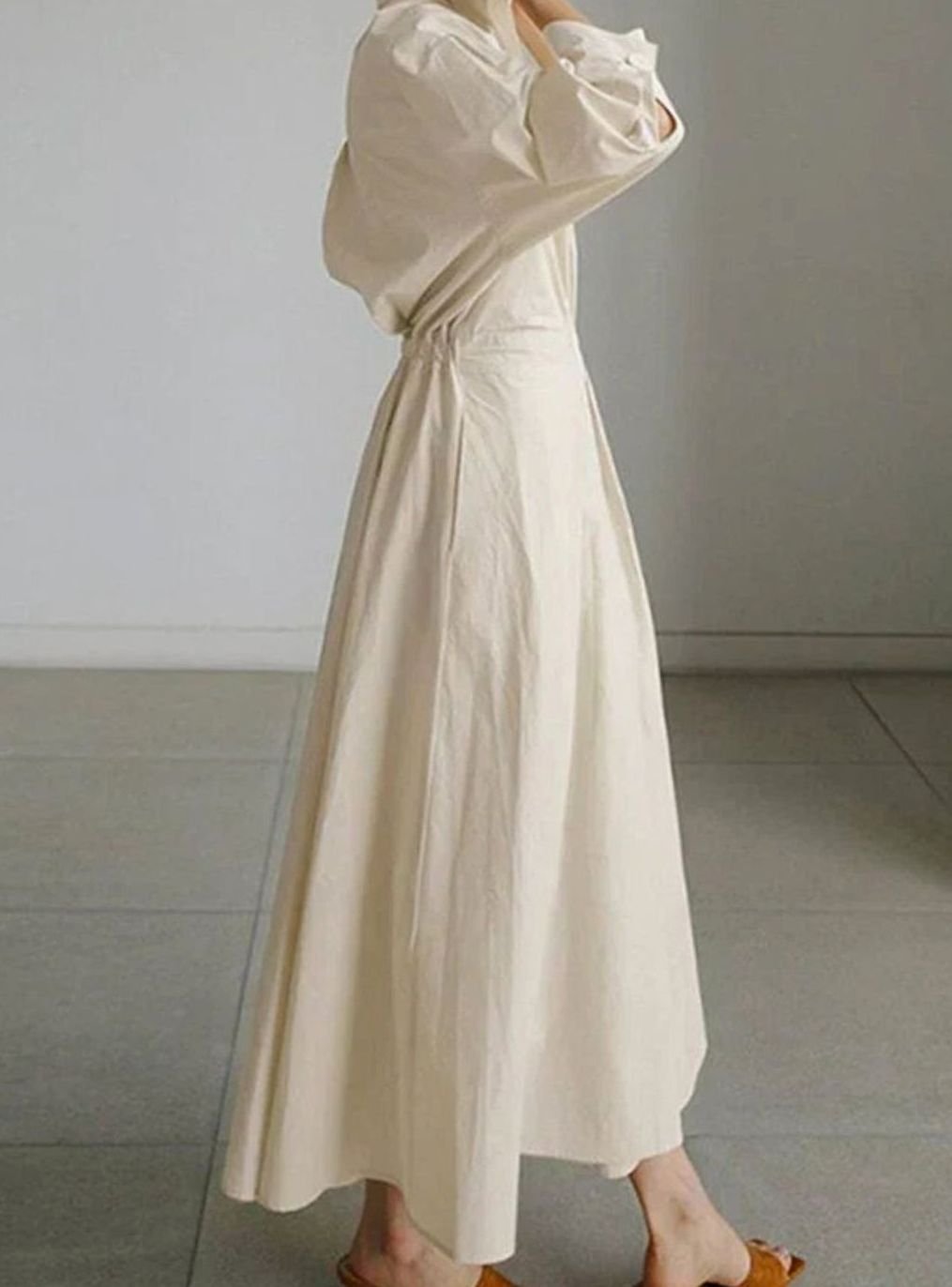 Women's Vintage Pleated Midi Shirt Dress Cinched Waist Pockets