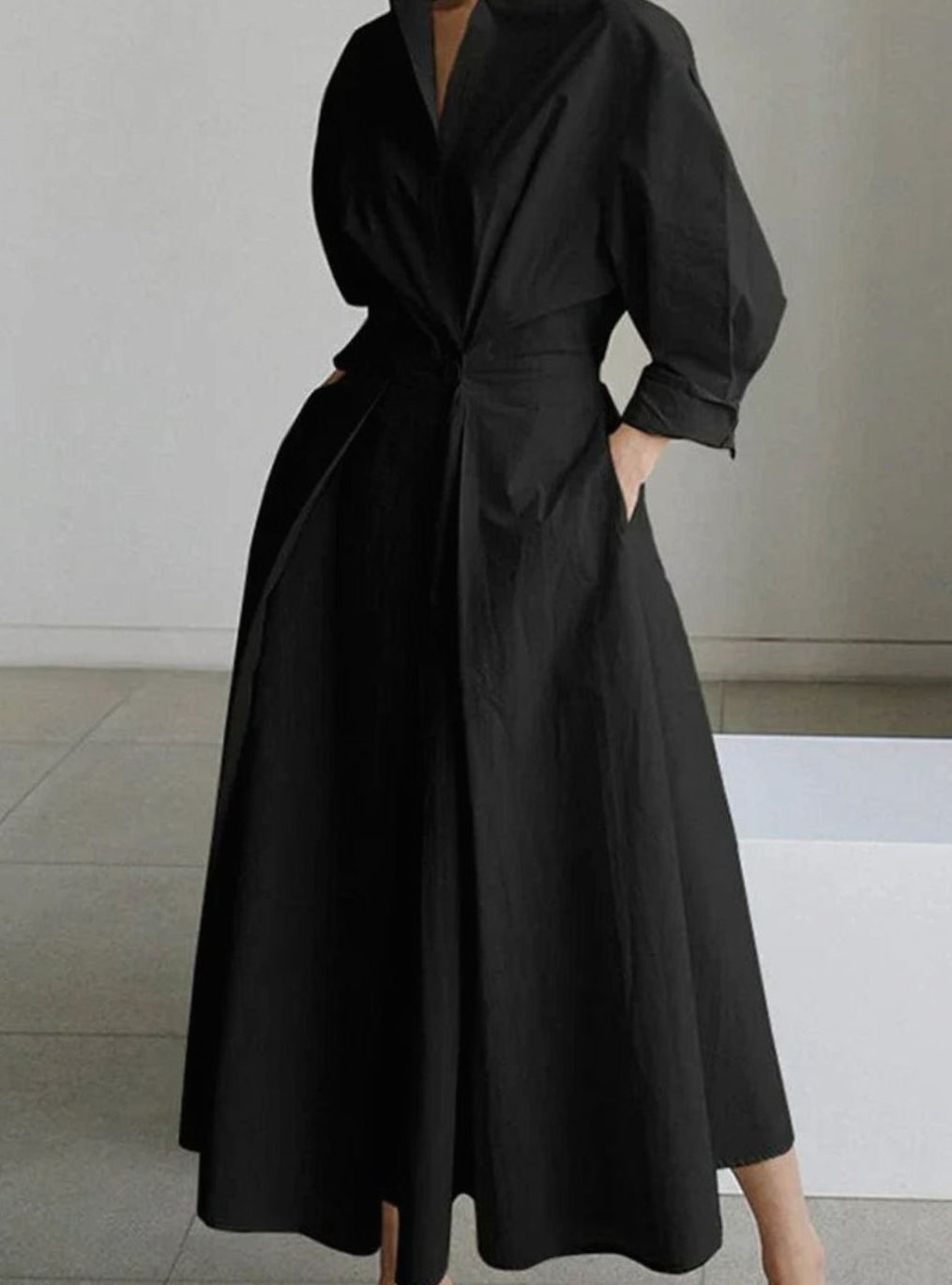 Women's Vintage Pleated Midi Shirt Dress Cinched Waist Pockets