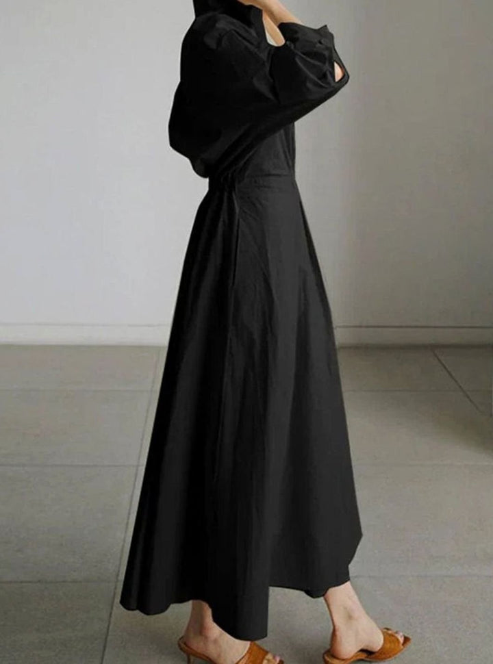 Women's Vintage Pleated Midi Shirt Dress Cinched Waist Pockets