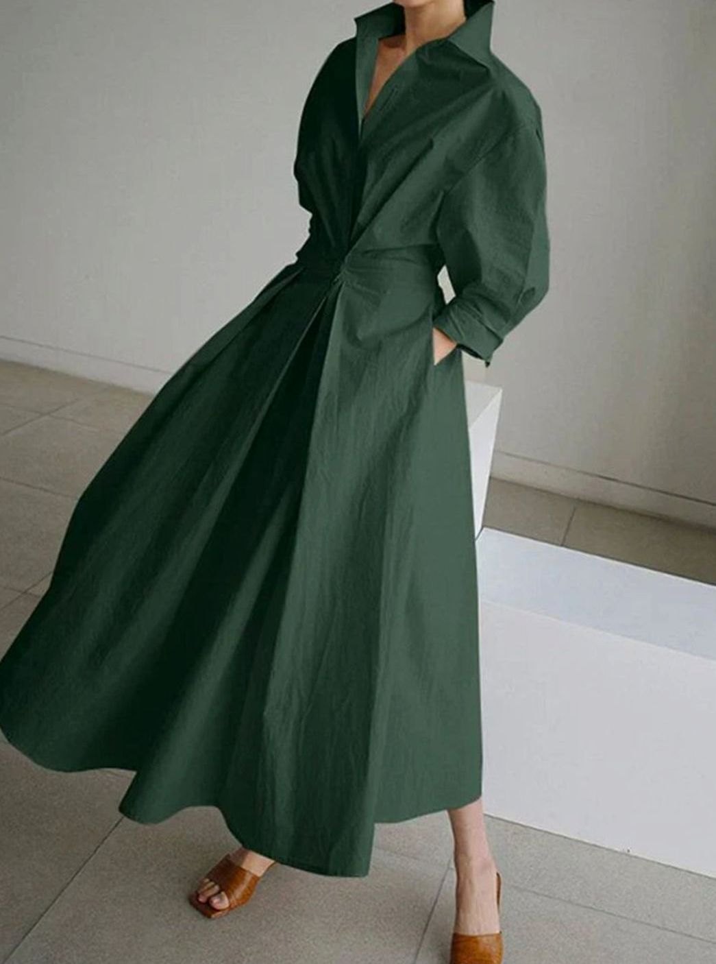 Women's Vintage Pleated Midi Shirt Dress Cinched Waist Pockets