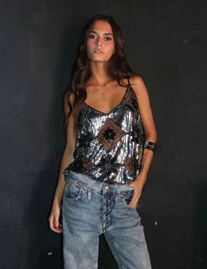 Women's Vintage Sequin Beaded Sheer Mesh Sleeveless Evening Top