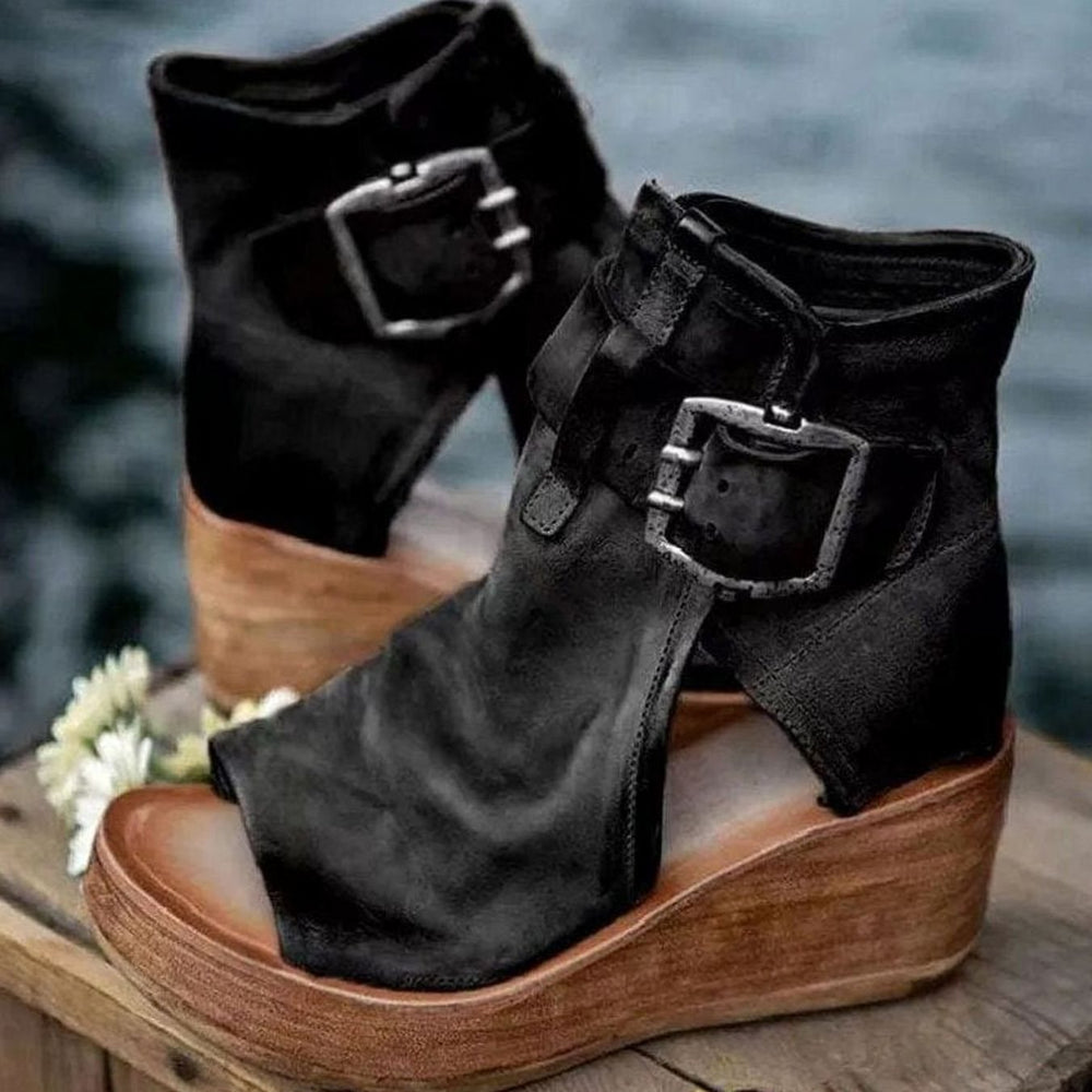 Women's Vintage Wedge Open-Toe Buckle Ankle Boots - Black