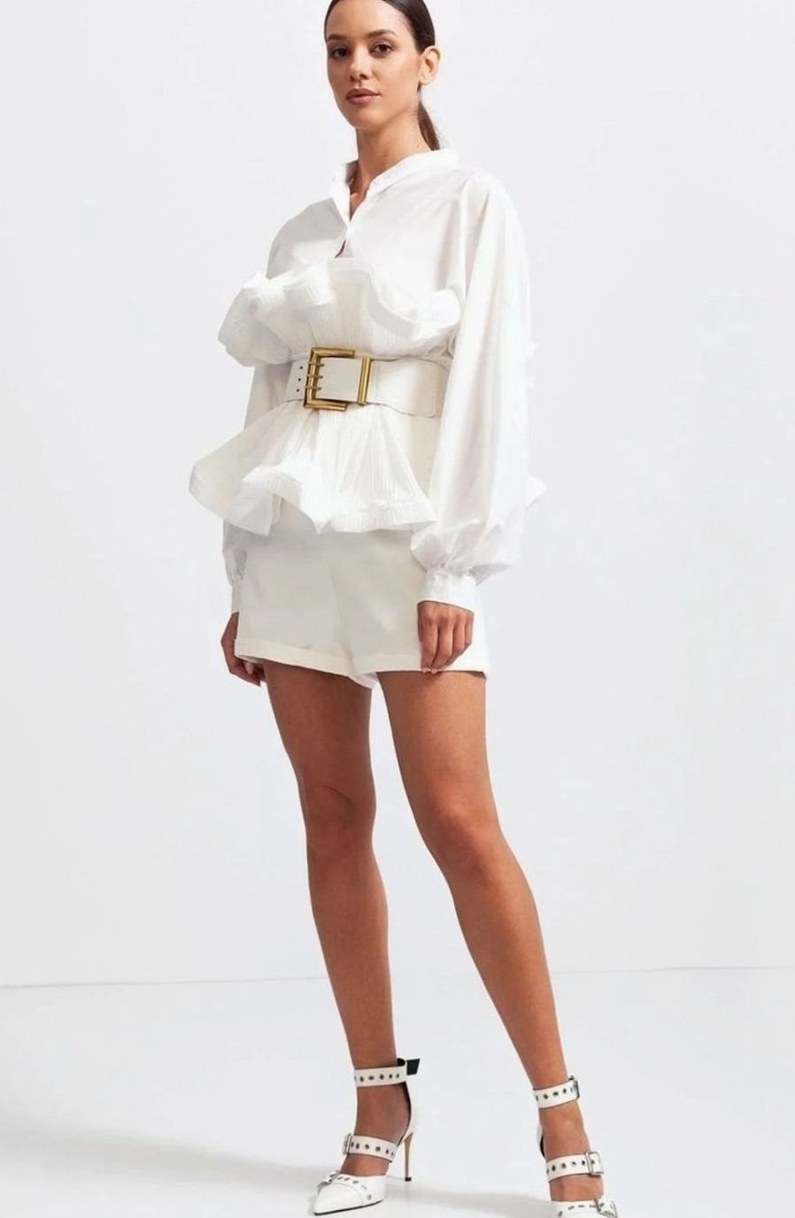 Women's Voluminous Puff Sleeve Ruffle Front Belted Blouse