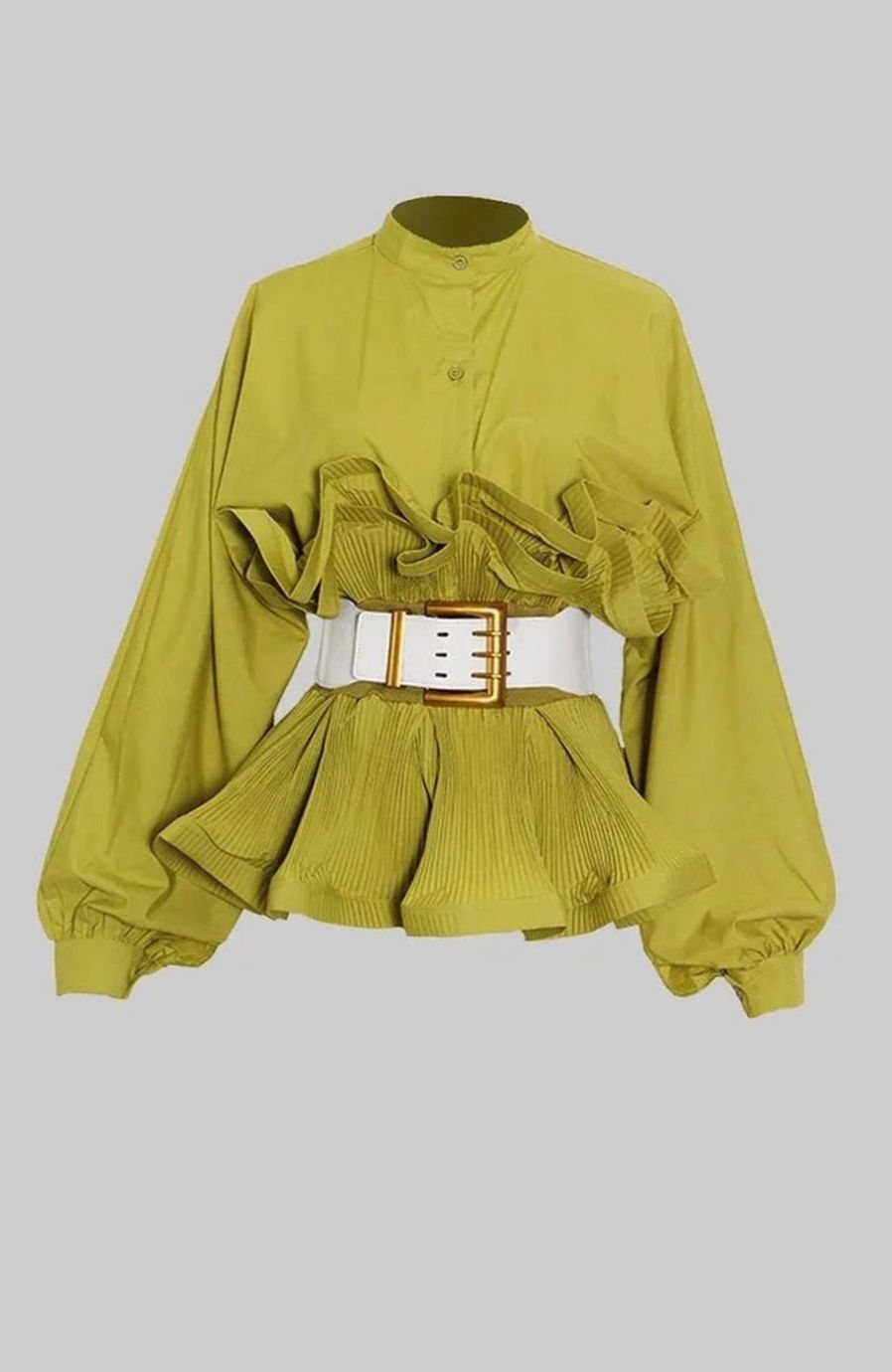 Women's Voluminous Puff Sleeve Ruffle Front Belted Blouse