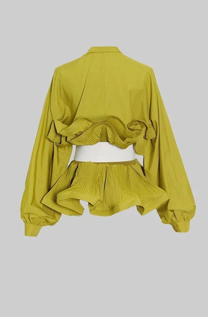 Women's Voluminous Puff Sleeve Ruffle Front Belted Blouse