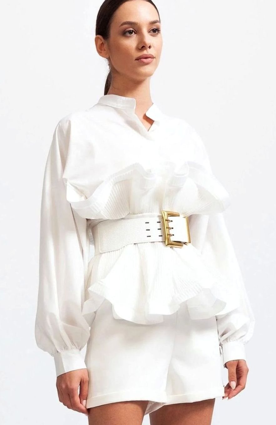 Women's Voluminous Puff Sleeve Ruffle Front Belted Blouse