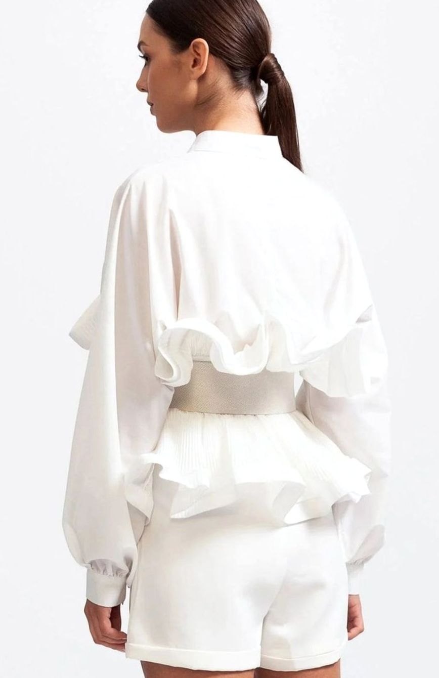 Women's Voluminous Puff Sleeve Ruffle Front Belted Blouse