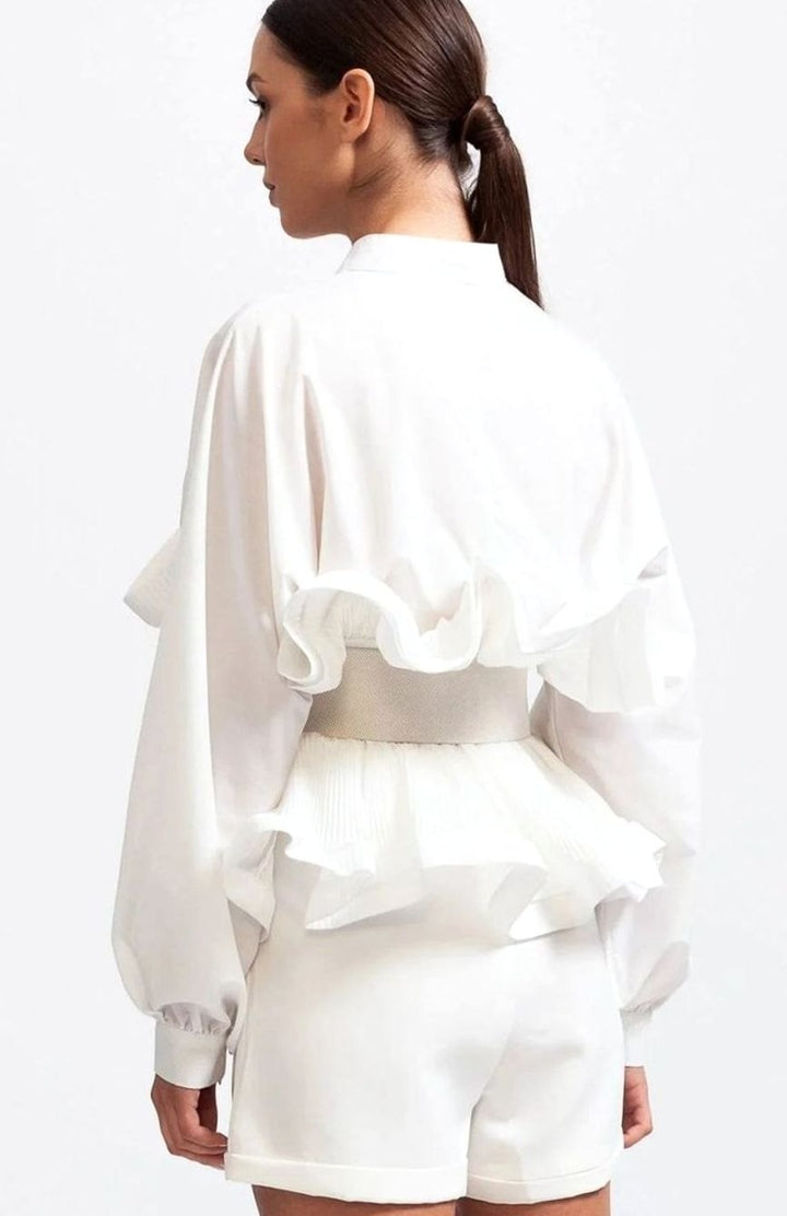 Women's Voluminous Puff Sleeve Ruffle Front Belted Blouse